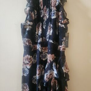 Navy Floral Ruffled Sleeveless Dress